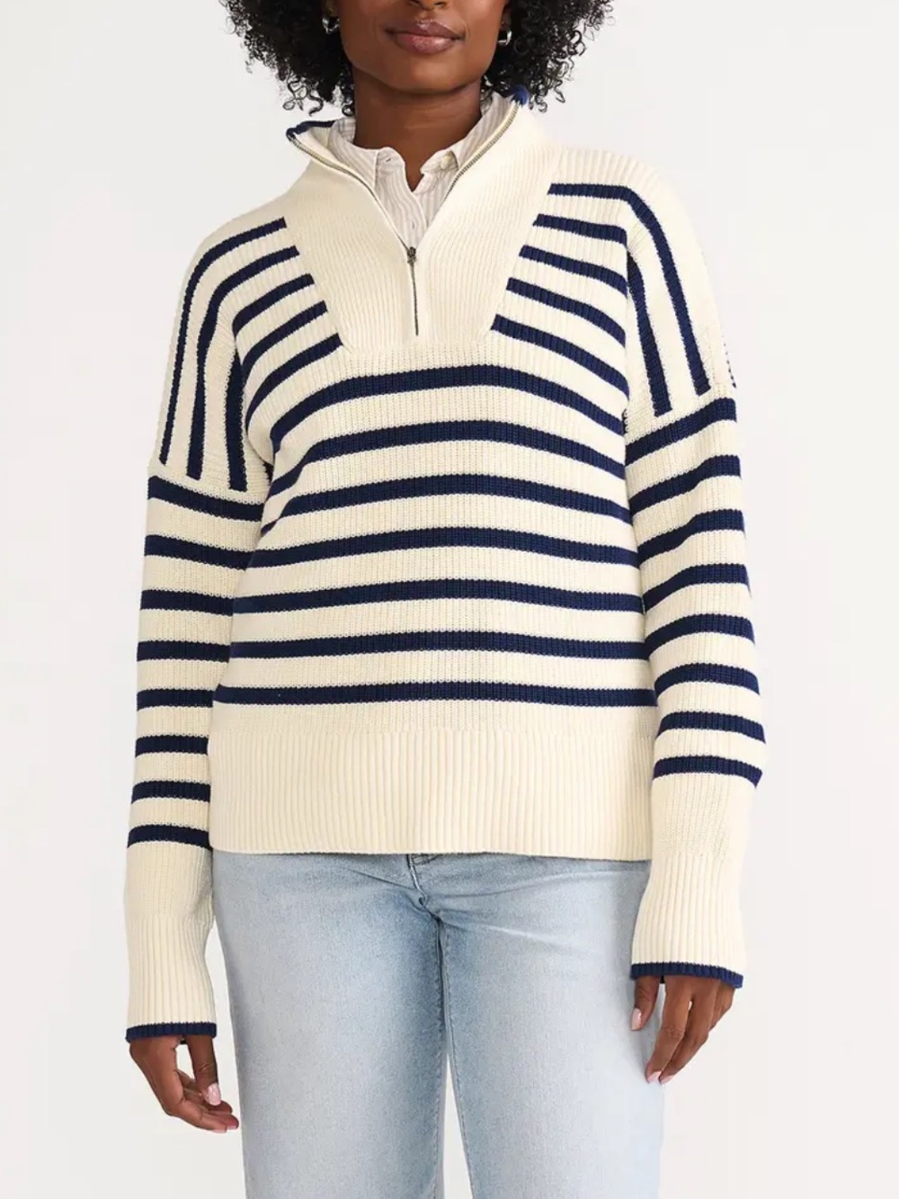 Lands End Drifter Striped 1/4 Zip Pullover Knit Sweater Nautical Navy Ivory L